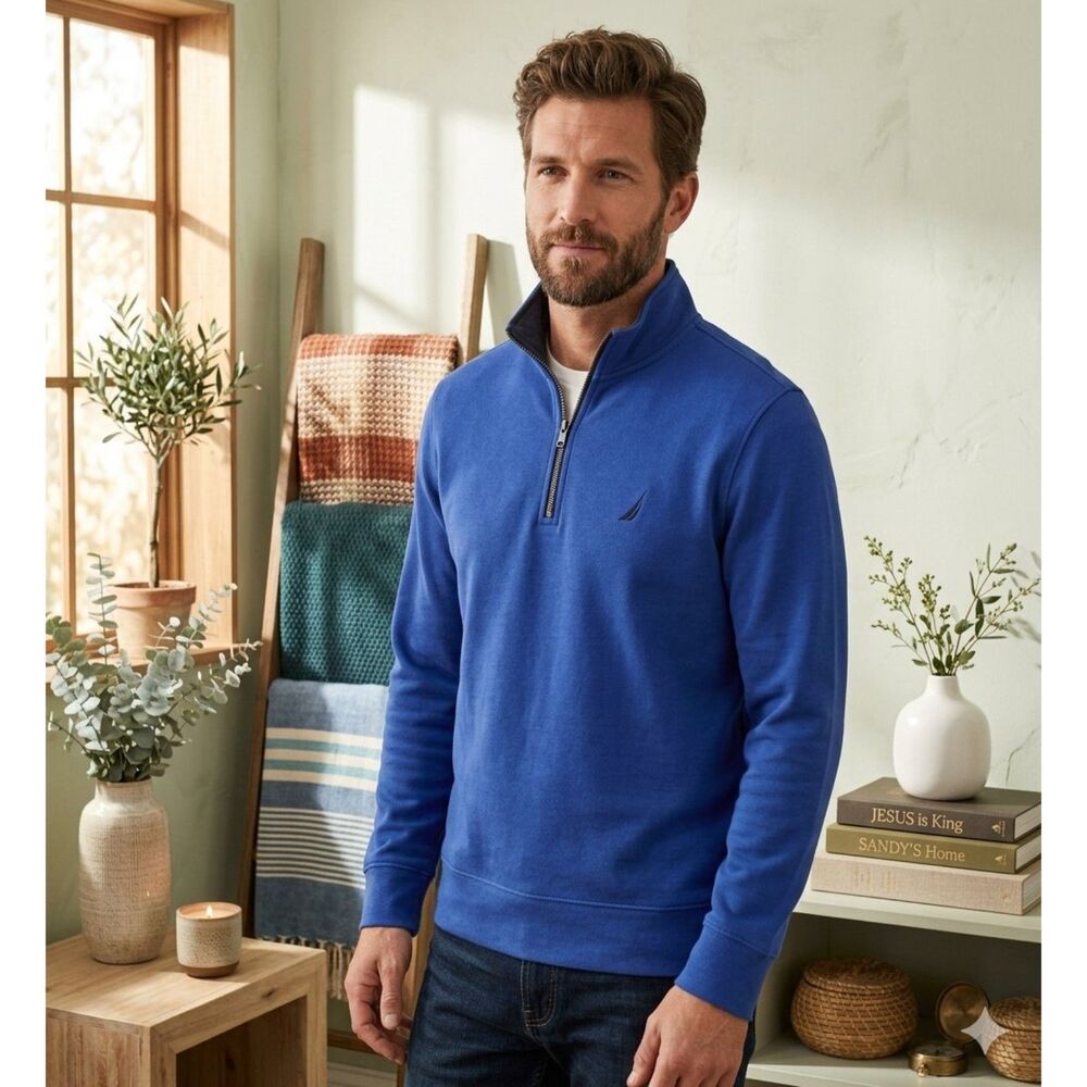 Nautica 1/4 Zip Fleece Pullover Mens M Blue Embroidered Logo Mock Neck